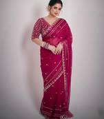Women red embroidered fandy satin silk saree