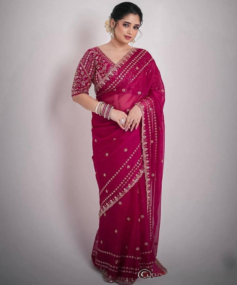 Women red embroidered fandy satin silk saree