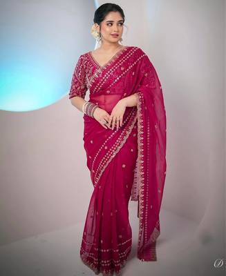 Women red embroidered fandy satin silk blend saree 2