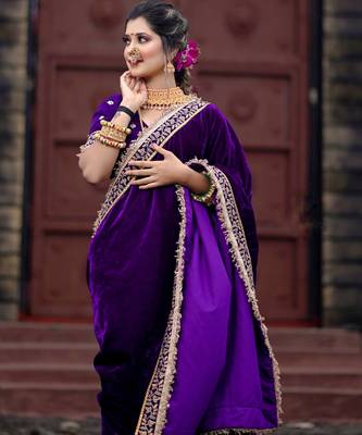 Women blue embroidered 9000 velvet saree 3