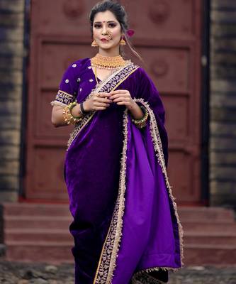 Women blue embroidered 9000 velvet saree 4