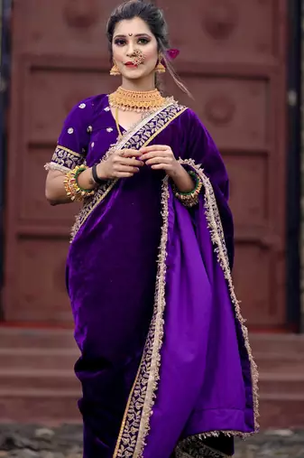 Women blue embroidered 9000 velvet saree