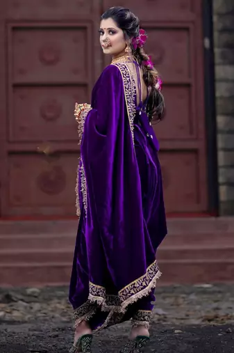 Women blue embroidered 9000 velvet saree