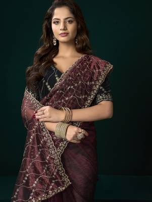 Women maroon embroidered net saree 2