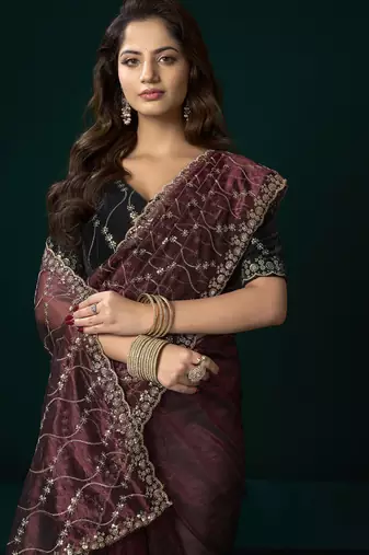 Women maroon embroidered net saree