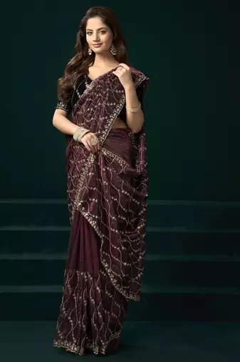Women maroon embroidered net saree