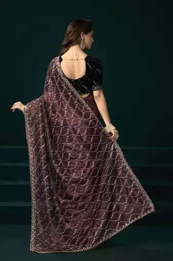 Women maroon embroidered net saree