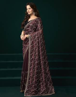 Women maroon embroidered net saree 5