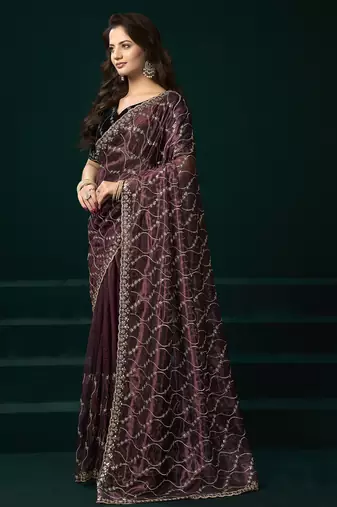 Women maroon embroidered net saree