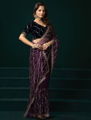 Women wine embroidered net saree 3