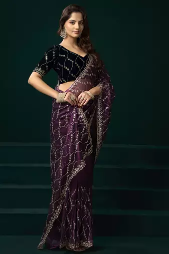 Women wine embroidered net saree