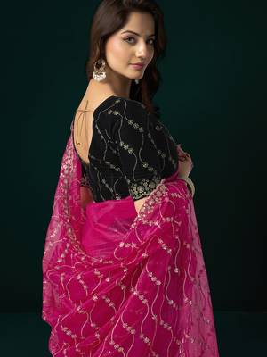 Women rani pink embroidered net saree 2