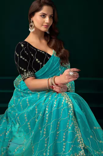 Women turquoise embroidered net saree