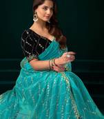 Women turquoise embroidered net saree