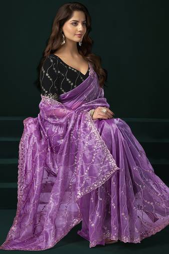 Women lavender embroidered net saree