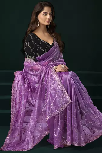Women lavender embroidered net saree