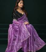 Women lavender embroidered net saree