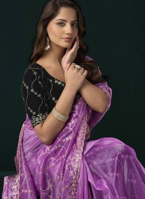Women lavender embroidered net saree 2