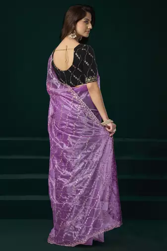 Women lavender embroidered net saree
