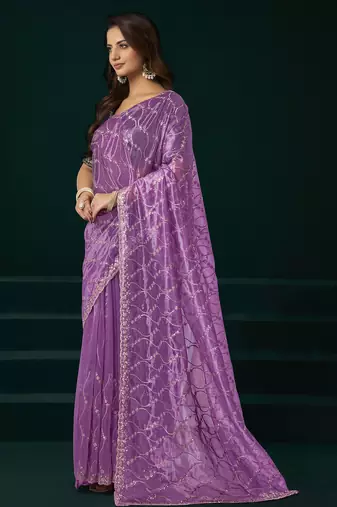 Women lavender embroidered net saree