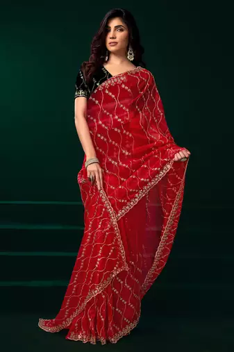 Women red embroidered net saree