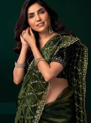 Women green embroidered net saree 2