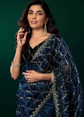 Women navy blue embroidered net saree 2