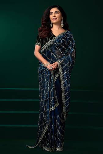 Women navy blue embroidered net saree