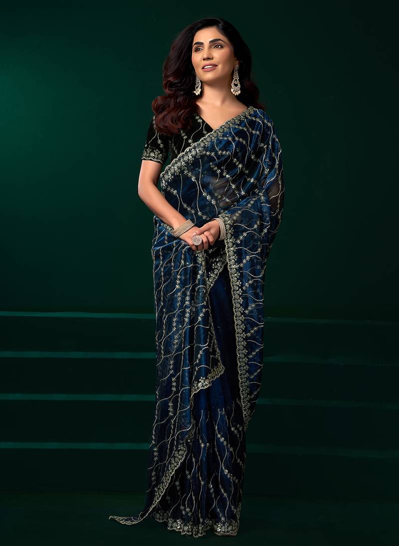 Women navy blue embroidered net saree
