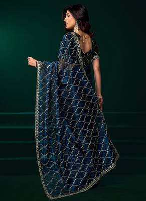Women navy blue embroidered net saree 3