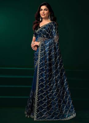 Women navy blue embroidered net saree 4