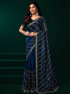 Women navy blue embroidered net saree 5
