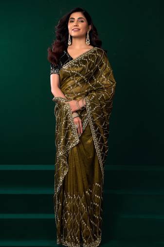 Women mehandi green embroidered net saree