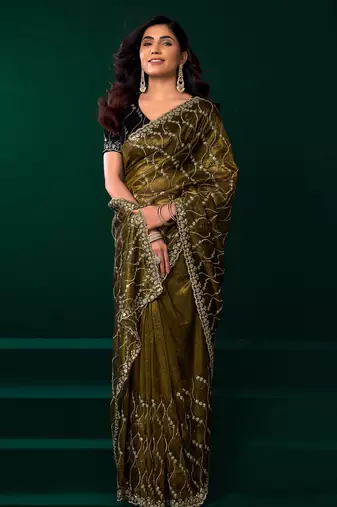 Women mehandi green embroidered net saree
