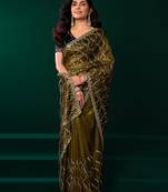 Women mehandi green embroidered net saree