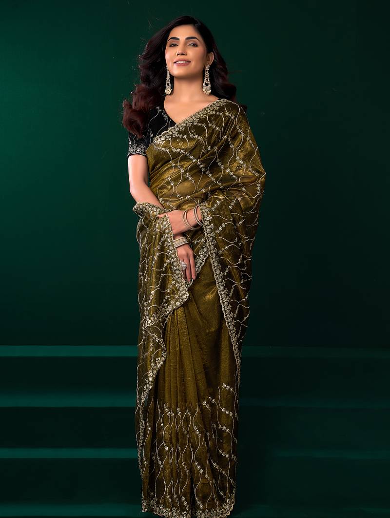 Women mehandi green embroidered net saree