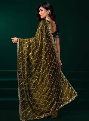 Women mehandi green embroidered net saree 3