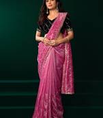 Women pink embroidered net saree