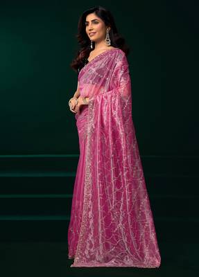 Women pink embroidered net saree 5