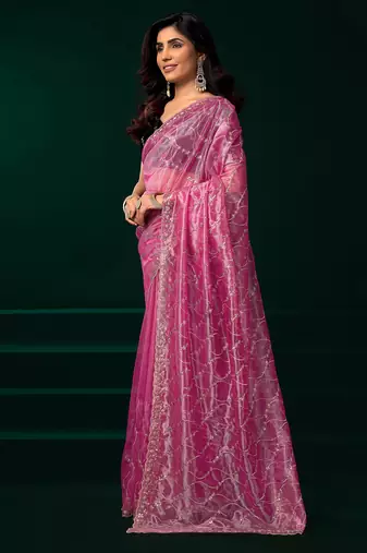 Women pink embroidered net saree