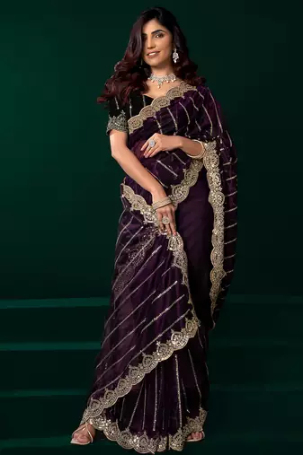 Women wine embroidered net saree