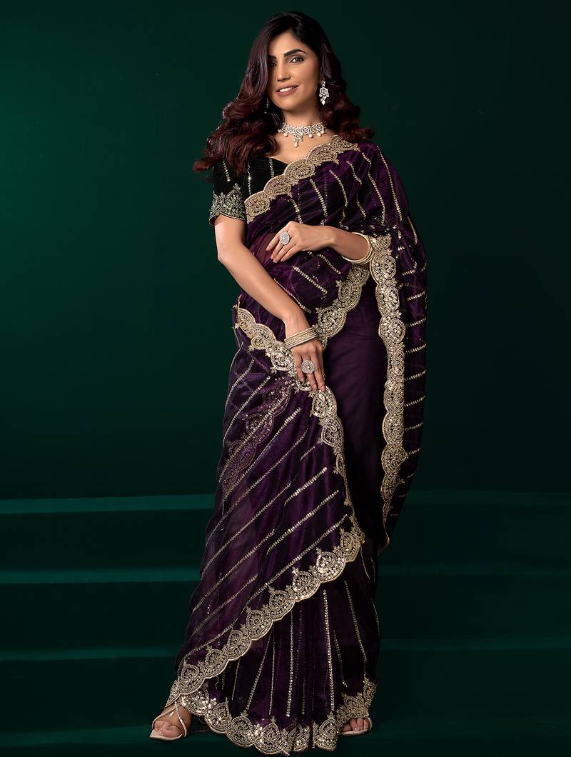 Women wine embroidered net saree