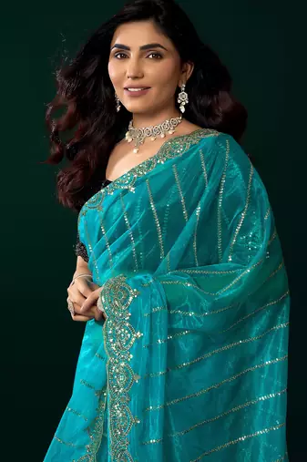 Women turquoise blue embroidered net saree