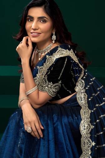 Women navy blue embroidered net saree