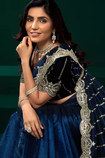 Women navy blue embroidered net saree