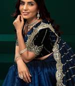 Women navy blue embroidered net saree