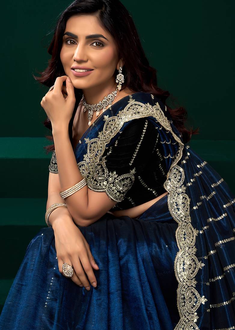 Women navy blue embroidered net saree