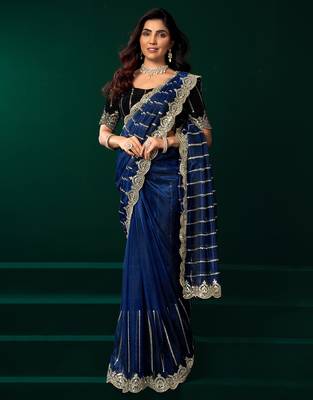 Women navy blue embroidered net saree 3
