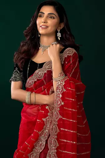 Women red embroidered net saree
