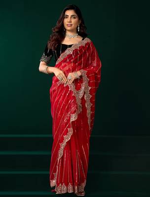 Women red embroidered net saree 2
